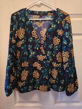 J. Crew Navy Floral Wrap Top with Yellow & Teal Print